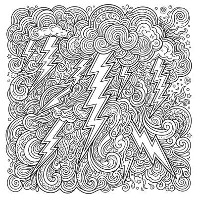 Experience the raw power of a storm with a mesmerizing twist in this psychedelic thunder coloring page. Dive into a world of intricate lightning bolts and swirling clouds, designed to ignite your creativity.