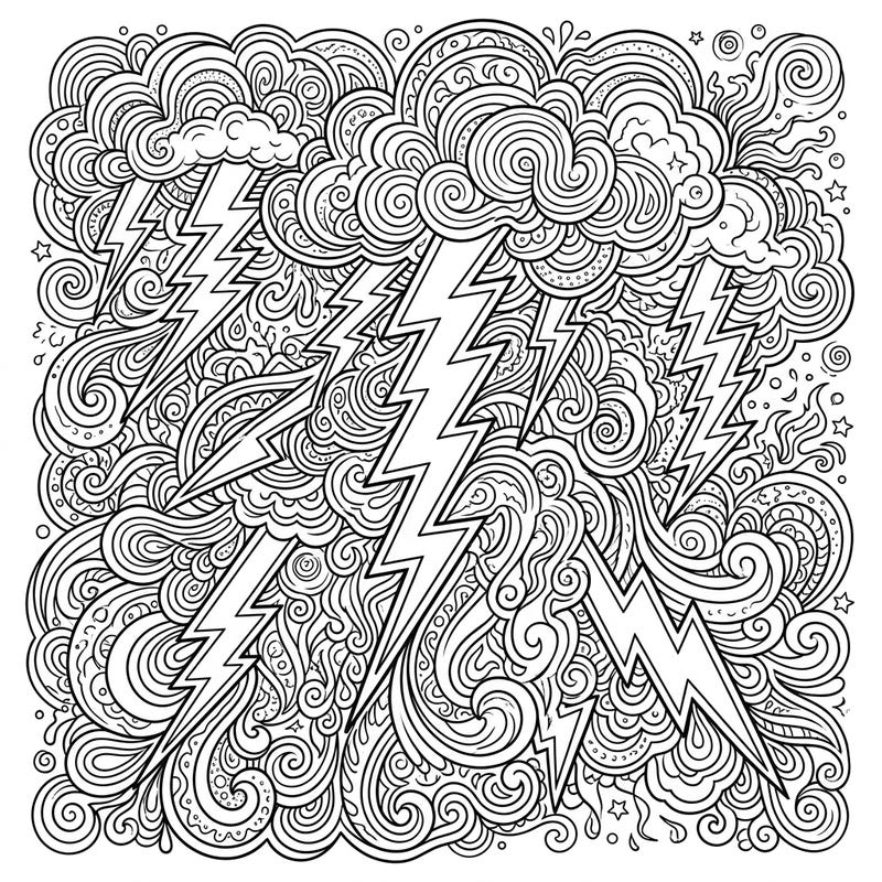 Experience the raw power of a storm with a mesmerizing twist in this psychedelic thunder coloring page. Dive into a world of intricate lightning bolts and swirling clouds, designed to ignite your creativity.