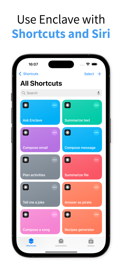 iPhone screen displaying Enclave AI integration with iOS Shortcuts and Siri for local automated tasks