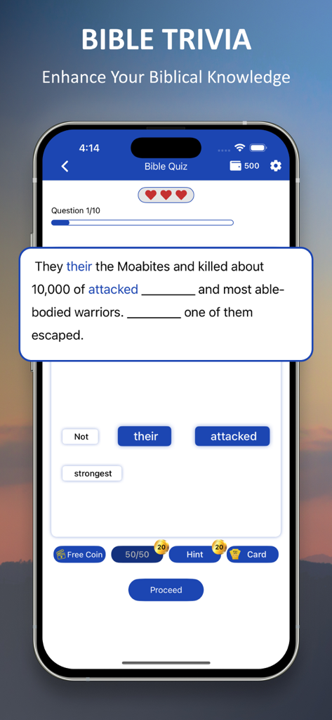 Bible trivia quiz interface in the Amplified Bible app with a fill in the blank scripture question