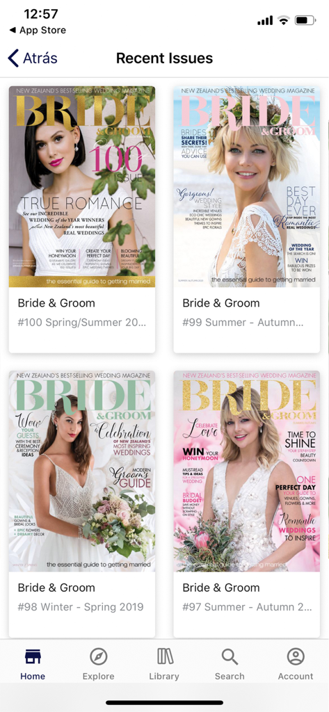 A grid of recent digital magazine covers for wedding planning inside the Bride and Groom app.