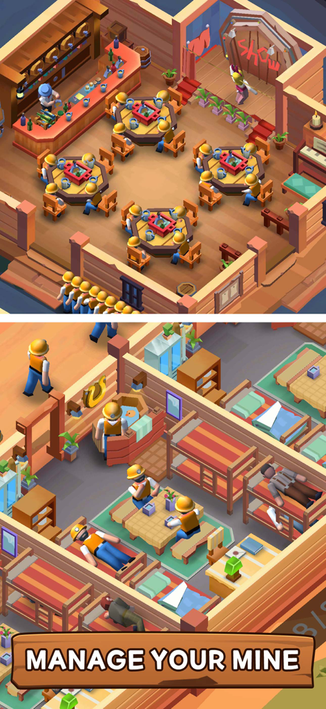 Captura de pantalla del juego de Idle Mining Factory Tycoon que muestra la gestión de trabajadores con un área de salón y un dormitorio