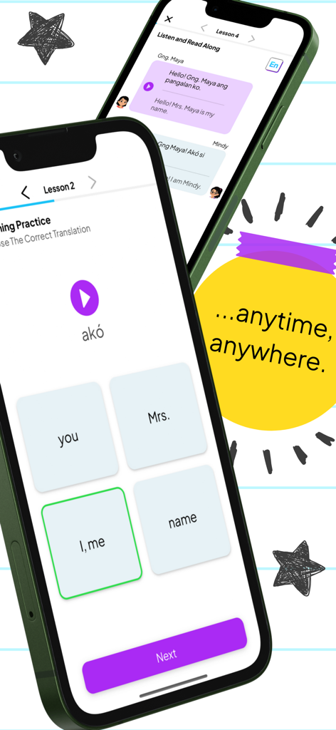 Turong Wika - Learn Tagalog - Interface of the Turong Wika app showing Tagalog language lessons and translation practice on mobile screens.