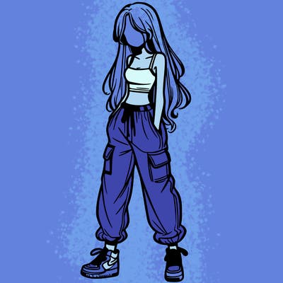girl in baggy pants crop top and long hair