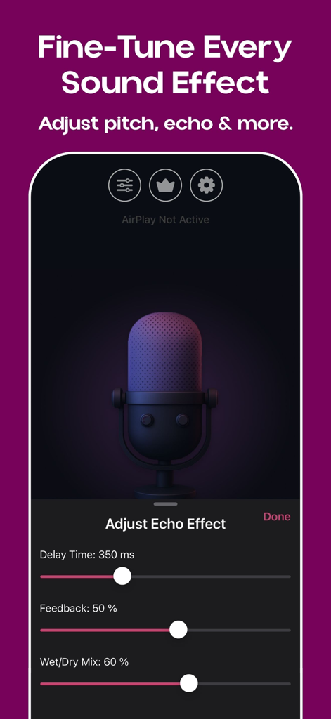 Mic to Speaker: Bluetooth Mic - Interface of the Mic to Speaker app showing controls for adjusting echo effects including delay time and feedback.
