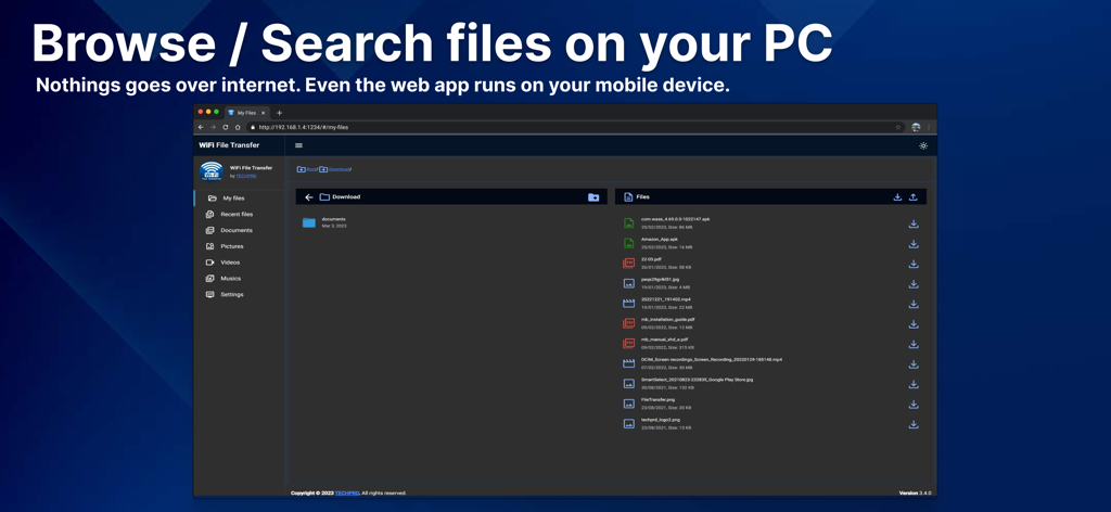 WiFi File Transfer: TECHPRD - Navegador web de escritorio mostrando la interfaz de Transferencia de Archivos WiFi para administrar archivos móviles.