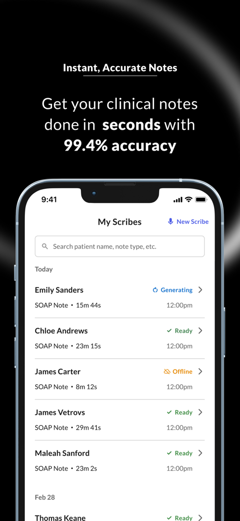 Commure - AI Medical Scribe - Commure AI Medical Scribe app interface displaying a list of patient clinical notes and their status