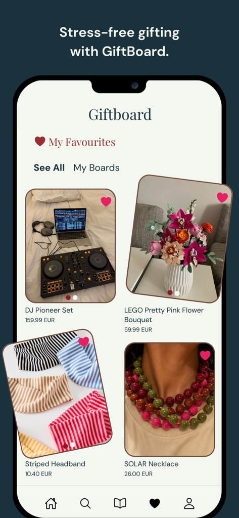 GiftBoard 앱 인터페이스는 DJ 세트와 꽃다발 같은 큐레이션된 선물 아이디어가 있는 '내가 좋아하는 것' 보드를 표시합니다