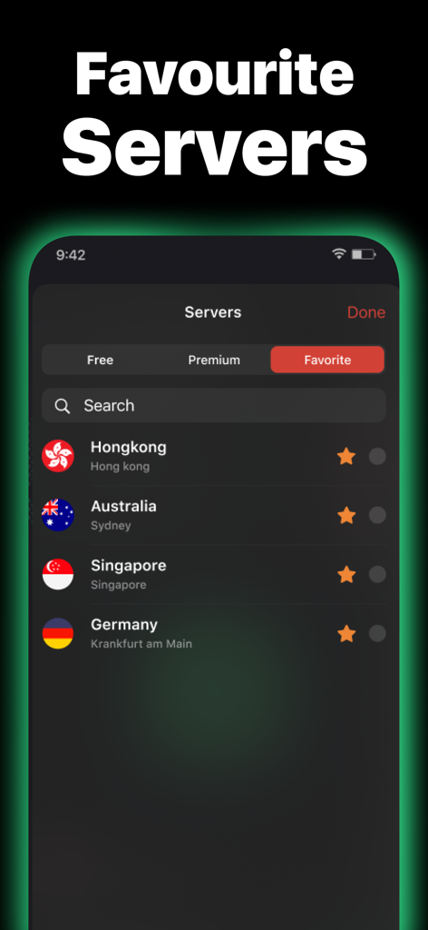 The Free VPN app interface displaying a list of favorite servers including Hong Kong Australia Singapore and Germany