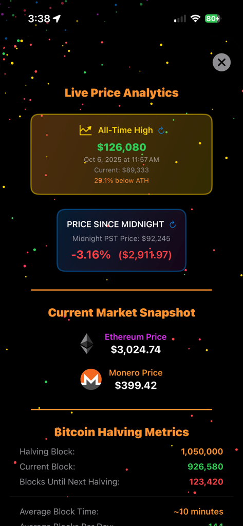 Interface do aplicativo Halving do Bitcoin mostrando análises de preço ao vivo, instantâneo de mercado e métricas de halving em um fundo escuro