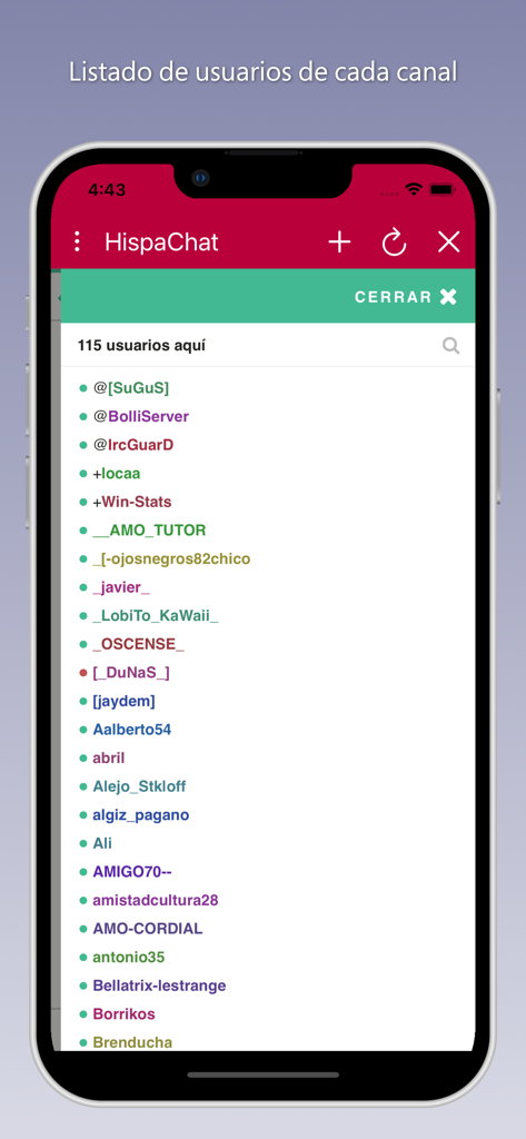 HispaChat - Chat en español - Interfaccia dell'app HispaChat che mostra un lungo elenco di nickname di utenti in una specifica chat.