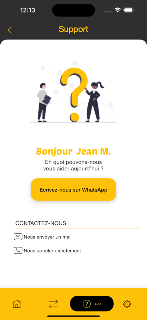 Ligdi Geldtransfer-App Support-Bildschirm mit Kontaktoptionen für WhatsApp und E-Mail