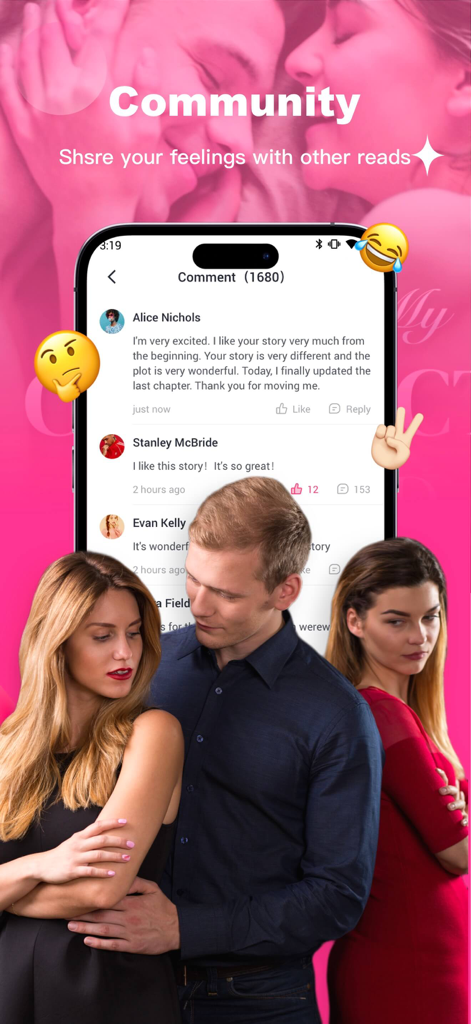 A screenshot of the Magfic app community section showing reader comments and interactive social features for book lovers.