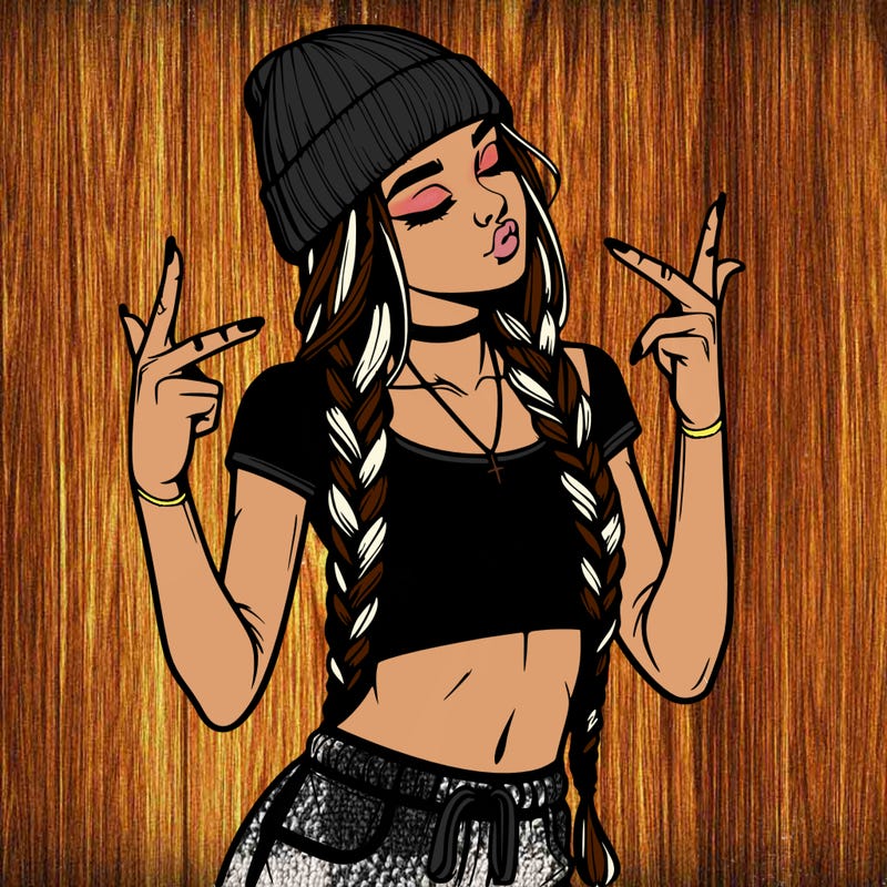 realistic teenage girl with braids and a beanie and crop top doing 🫶🏼