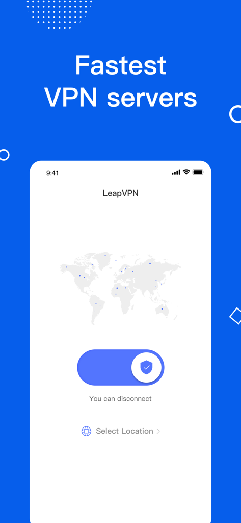 LeapVPN app interface showing fastest global servers map and a simple one-tap connection toggle