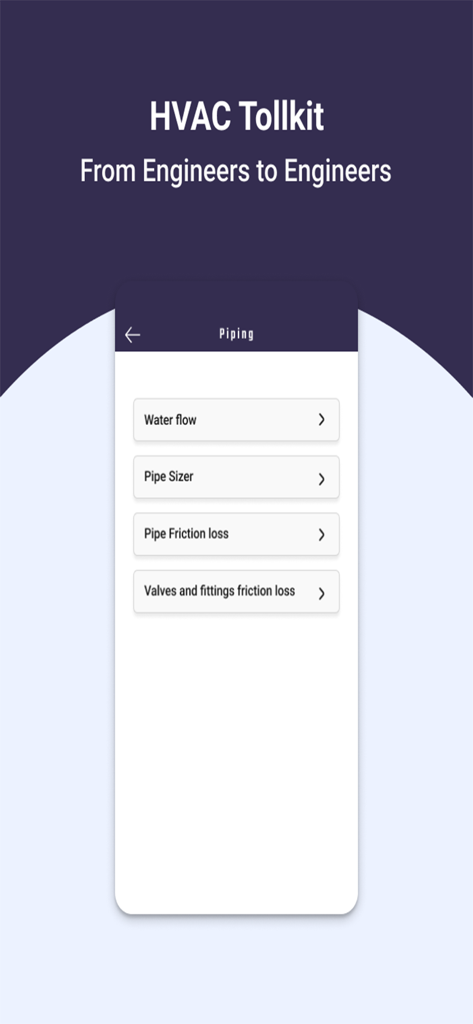 HVAC ToolKit - Tela do aplicativo HVAC ToolKit mostrando um menu para cálculos de tubulação, incluindo dimensionamento de tubos e perda de atrito.