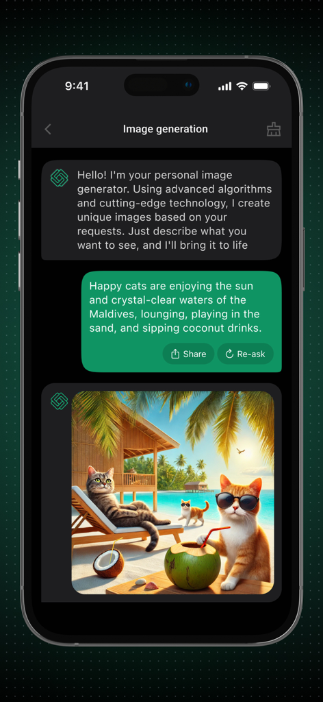Interface do chatbot de IA mostrando um prompt de texto e uma imagem gerada de gatos em uma praia tropical