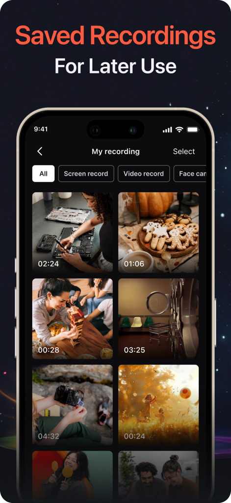 Gallery of saved videos in the Screen Recorder Z app showing multiple recording thumbnails