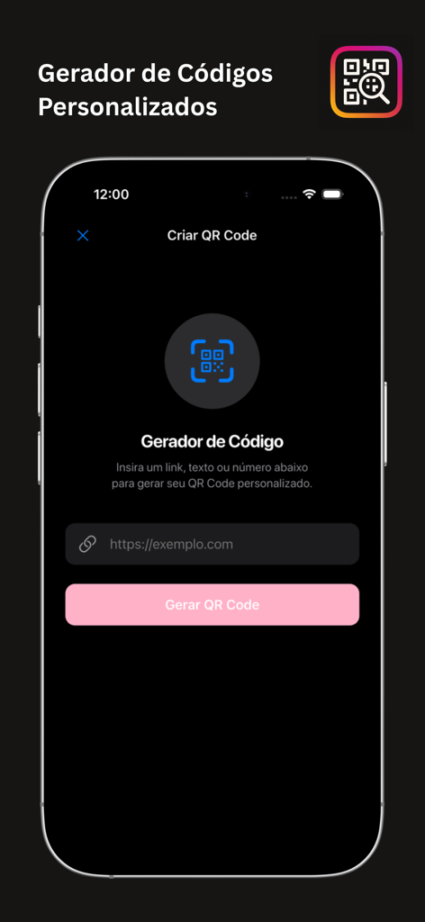 QR Scanner & Gerador Pro - Interface of the QR Scanner and Generator Pro app showing the screen to create a custom QR code from a website link