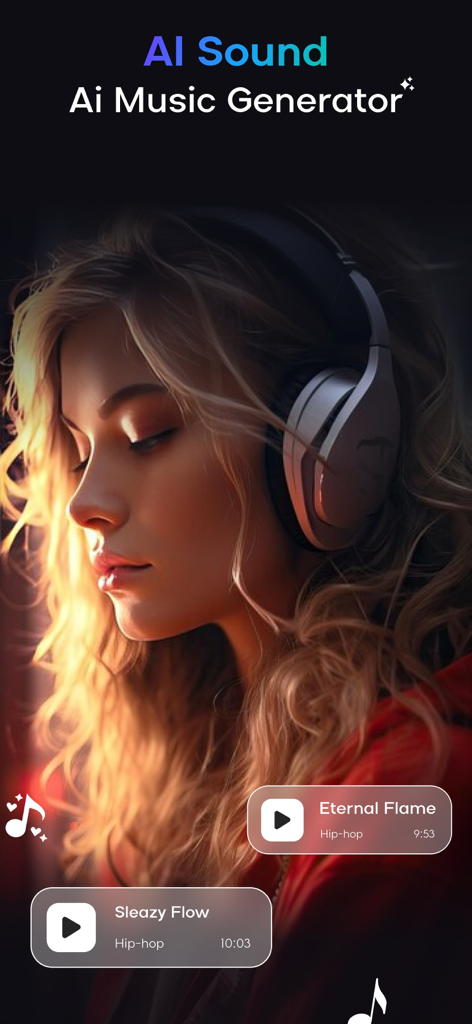 Interface do aplicativo Ai Sound mostrando faixas de música geradas por IA e uma mulher usando fones de ouvido.