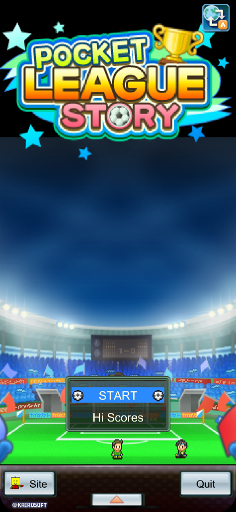 Pocket League Story - Schermata del titolo del gioco mobile Pocket League Story con stadio di calcio in pixel art retrò e opzioni di menu