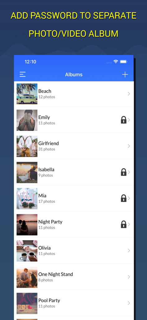 Une liste d'albums photos et vidéos privés dans l'application Coffre-fort Calculatrice Sécurisé montrant des dossiers verrouillés.