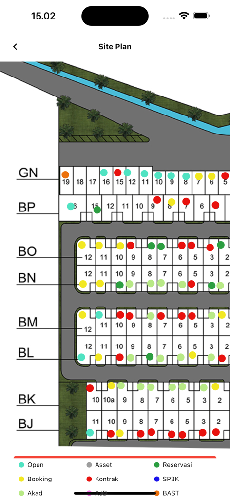 Porta Pro - Captura de tela do aplicativo móvel mostrando um plano de local imobiliário com indicadores de status codificados por cores para unidades de propriedade