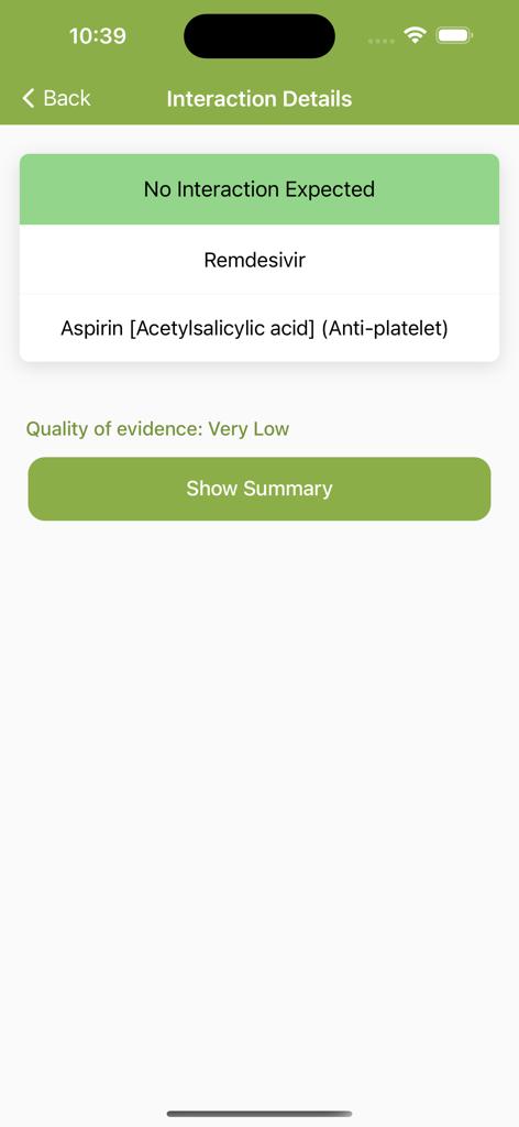 COVID-19 iChart - Screenshot of the COVID-19 iChart app showing no expected interaction between Remdesivir and Aspirin