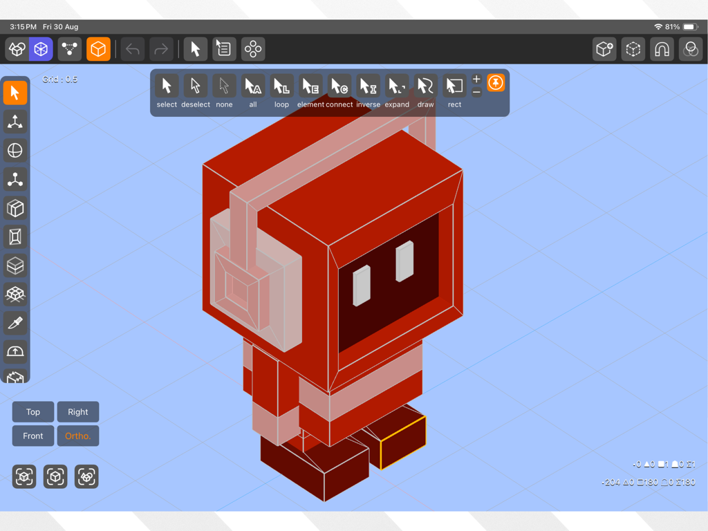 Interfaccia di modellazione 3D di DGArt su iPad che mostra un personaggio low poly rosso con cuffie in fase di modifica