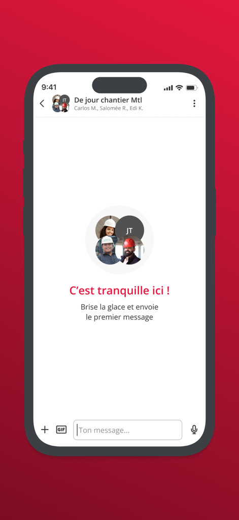 Pantalla de chat grupal vacía para un equipo de construcción en la app BRIX Chat