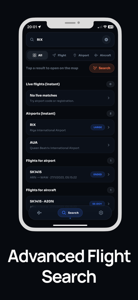 Flight Tracker: Live Air Radar - Schermata dell'app mobile che mostra risultati di ricerca voli avanzati inclusi aeroporti e numeri di volo specifici con un tema scuro pulito