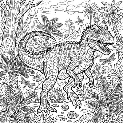 Embark on a journey back to the age of dinosaurs with this captivating Allosaurus coloring page, crafted especially for teens. Its intricate design and vibrant prehistoric setting offer a unique challenge for aspiring artists.