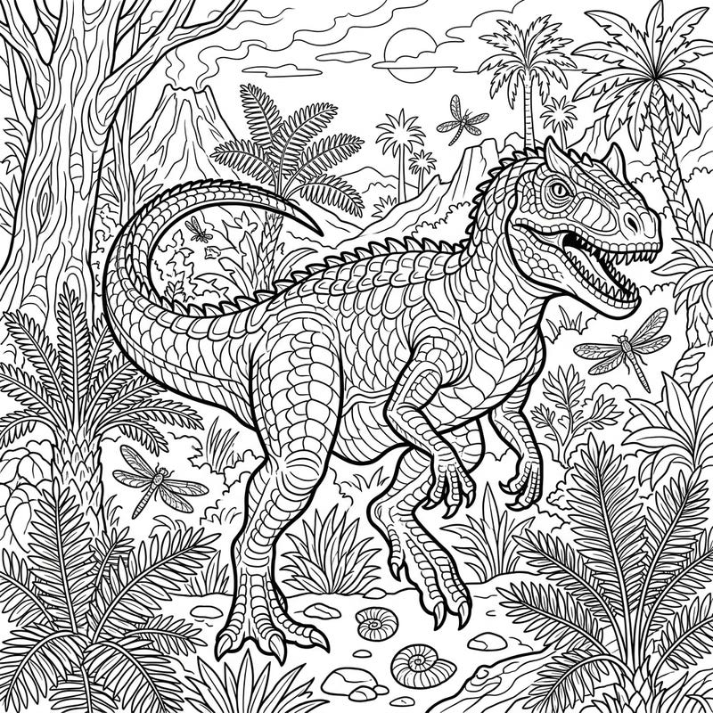 Embark on a journey back to the age of dinosaurs with this captivating Allosaurus coloring page, crafted especially for teens. Its intricate design and vibrant prehistoric setting offer a unique challenge for aspiring artists.