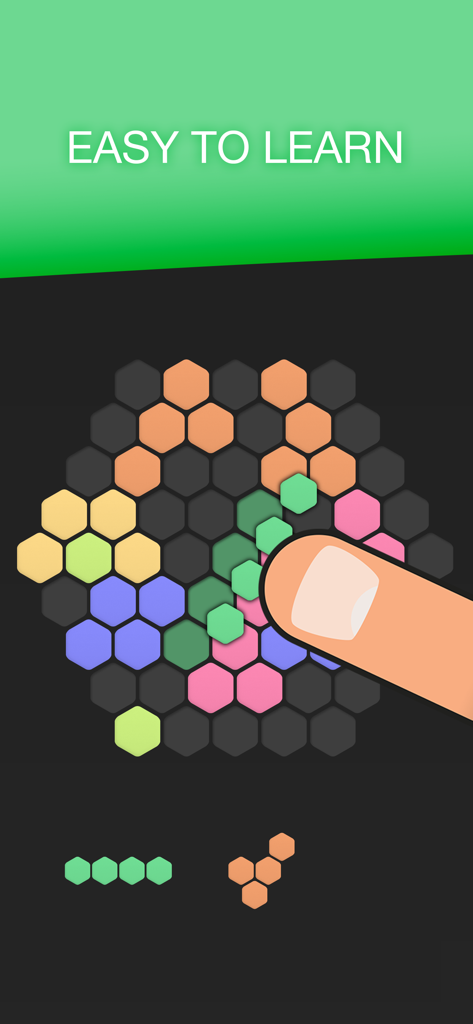 A finger dragging a green hexagonal block onto a game board in Hex FRVR with text Easy to Learn