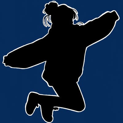 realistic girl jumping with a bun and oversized sweatshirt