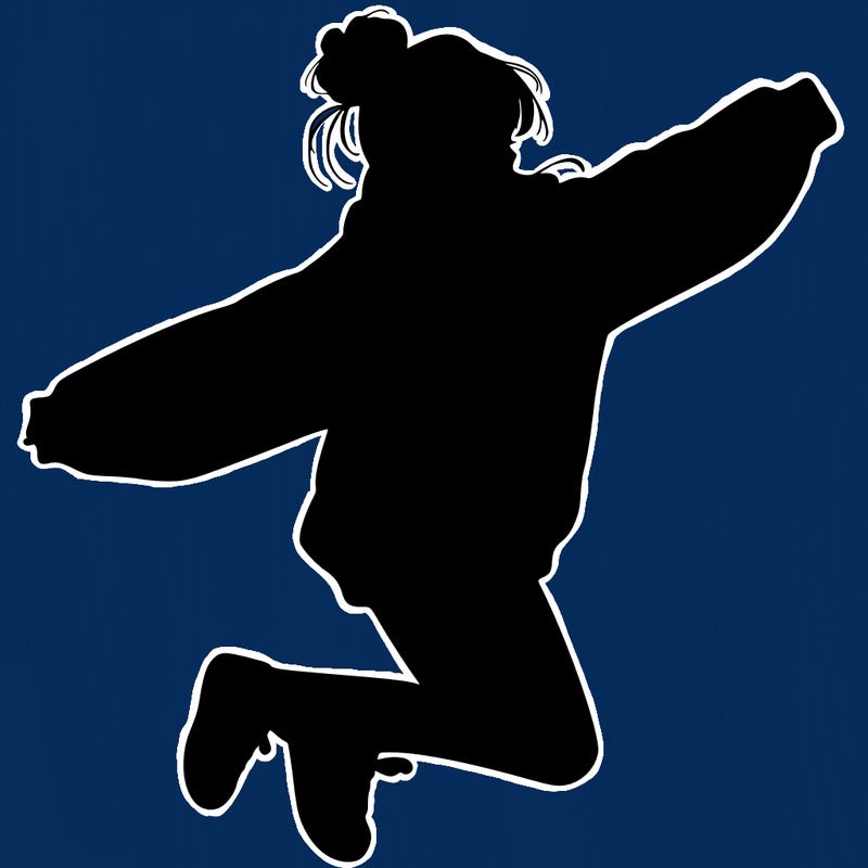 realistic girl jumping with a bun and oversized sweatshirt