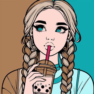 realistic girl with braided hair drinking boba