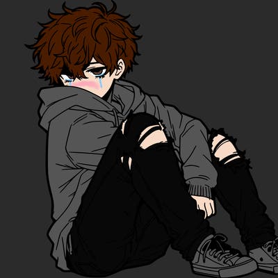 a male hoddie ripped jeans messy hair anime