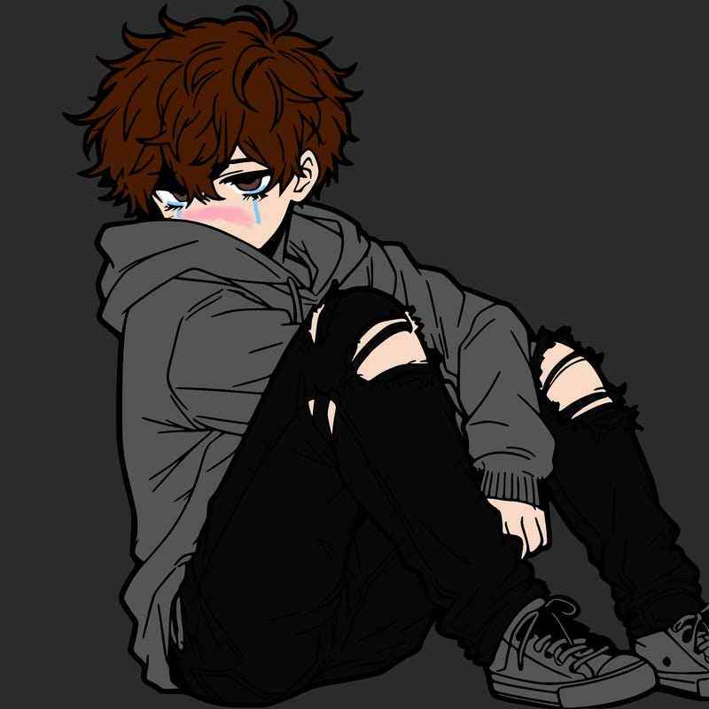 a male hoddie ripped jeans messy hair anime