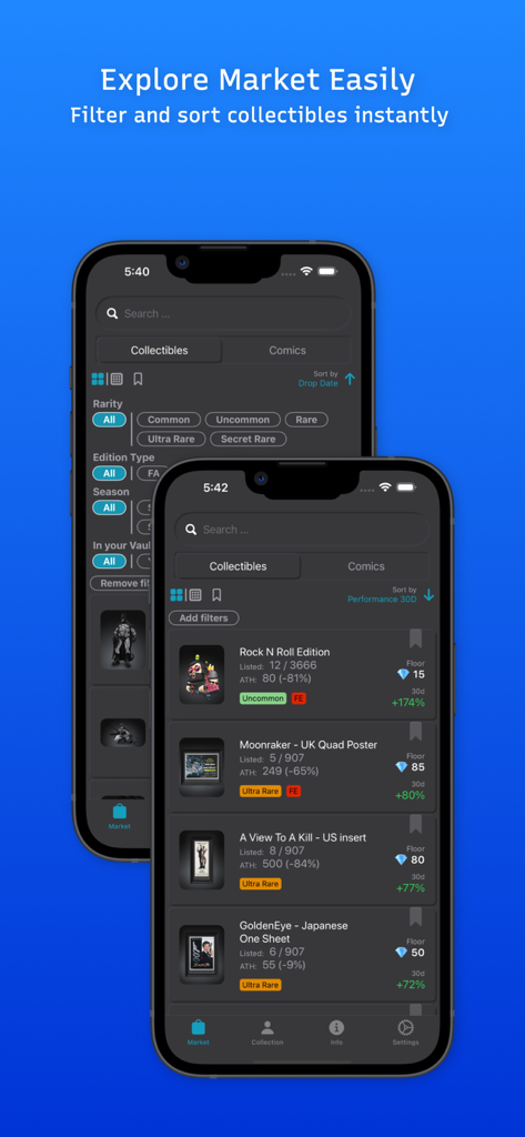 VaultValue - VaultValue app marketplace interface showing digital collectible floor prices and filters