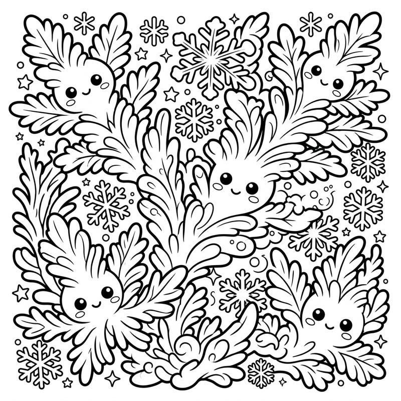 Immerse yourself in a charming winter scene featuring an array of adorable kawaii hoarfrost creatures. This delightful coloring page, complete with twinkling stars and intricate snowflakes, offers endless creative possibilities for all ages.
