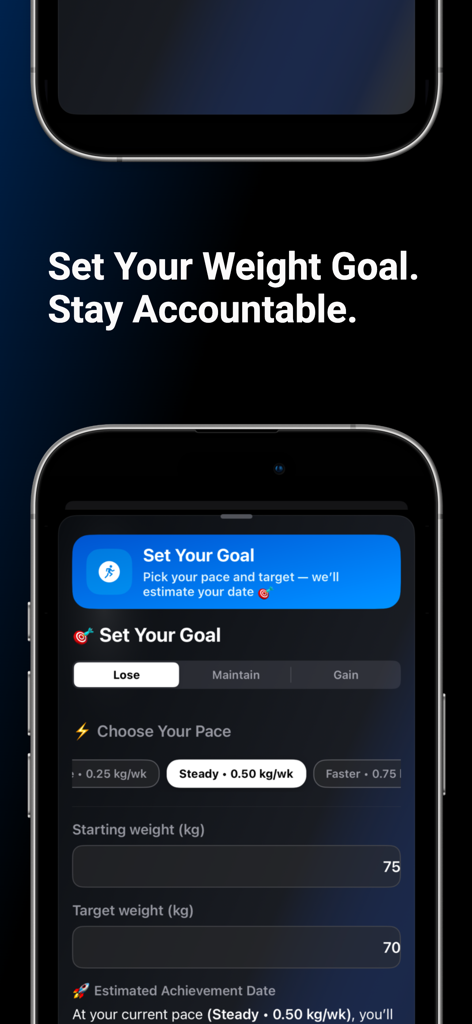 CountFit AI - Calorie Counter - Interfaz de la aplicación CountFit AI para establecer un objetivo de peso y elegir un ritmo de pérdida de peso.