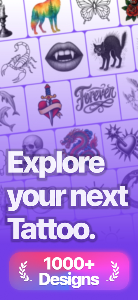 AI Tattoo Generator: Flashes - A grid of diverse tattoo designs featuring the text Explore your next Tattoo and 1000 plus Designs.