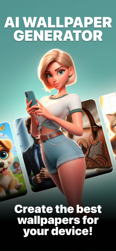 AI Art Image Generator LUX - AI Art Image Generator LUX app screen featuring a stylized character and examples of custom AI generated mobile wallpapers