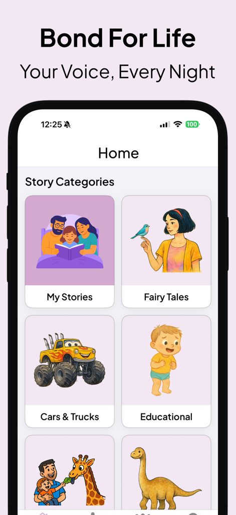 Story Time Together: Kid Books - Home screen of the Story Time Together app showing children story categories like Fairy Tales and Cars and Trucks.
