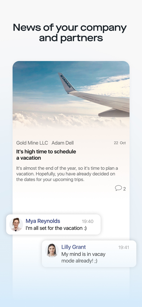 Saby - Saby business app news feed showing a company update about scheduling vacations