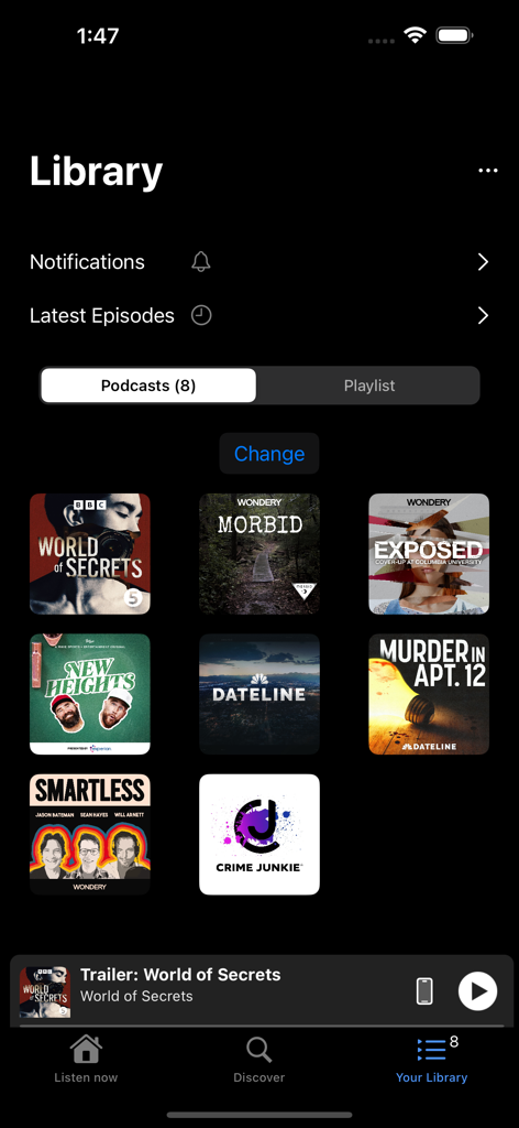 Pods- Podcast Player - Screenshot of the Pods Podcast Player app library showing subscribed true crime and comedy podcasts on an iPhone