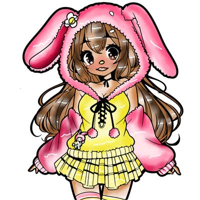pretty anime girl wearing a fluffy hoodie with bunny ears on the hood and a skirt