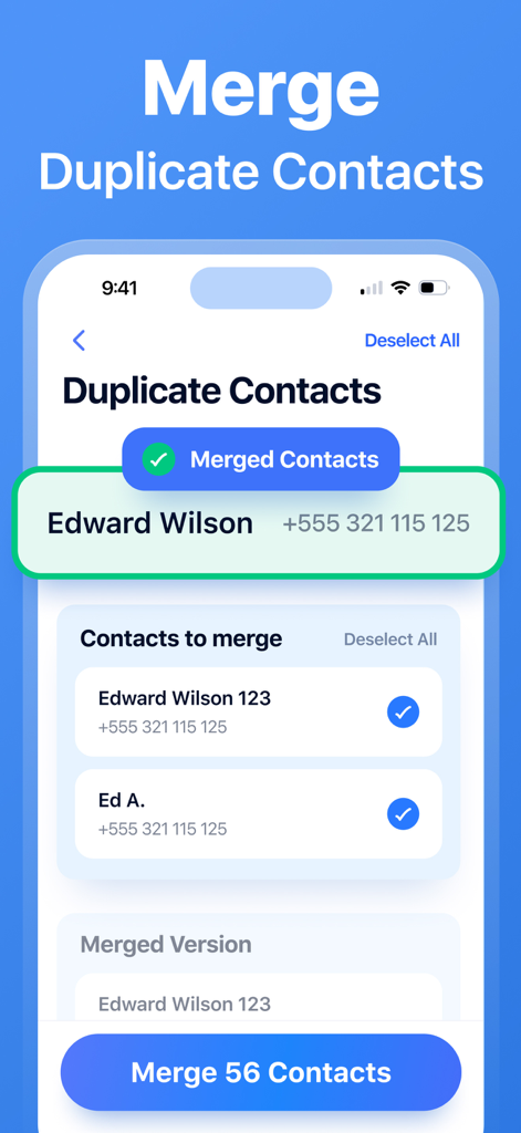 Cleanup Storage Pro - Interfaz de la aplicación que muestra cómo fusionar contactos duplicados en Cleanup Storage Pro