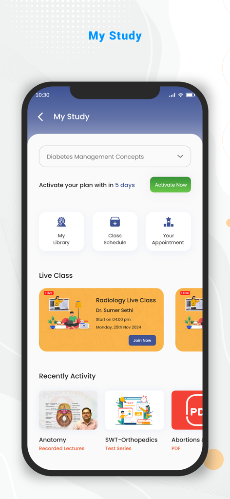 DAMS | NEET PG, FMGE - A smartphone displaying the My Study screen of the DAMS app featuring live classes and recent medical course activity.